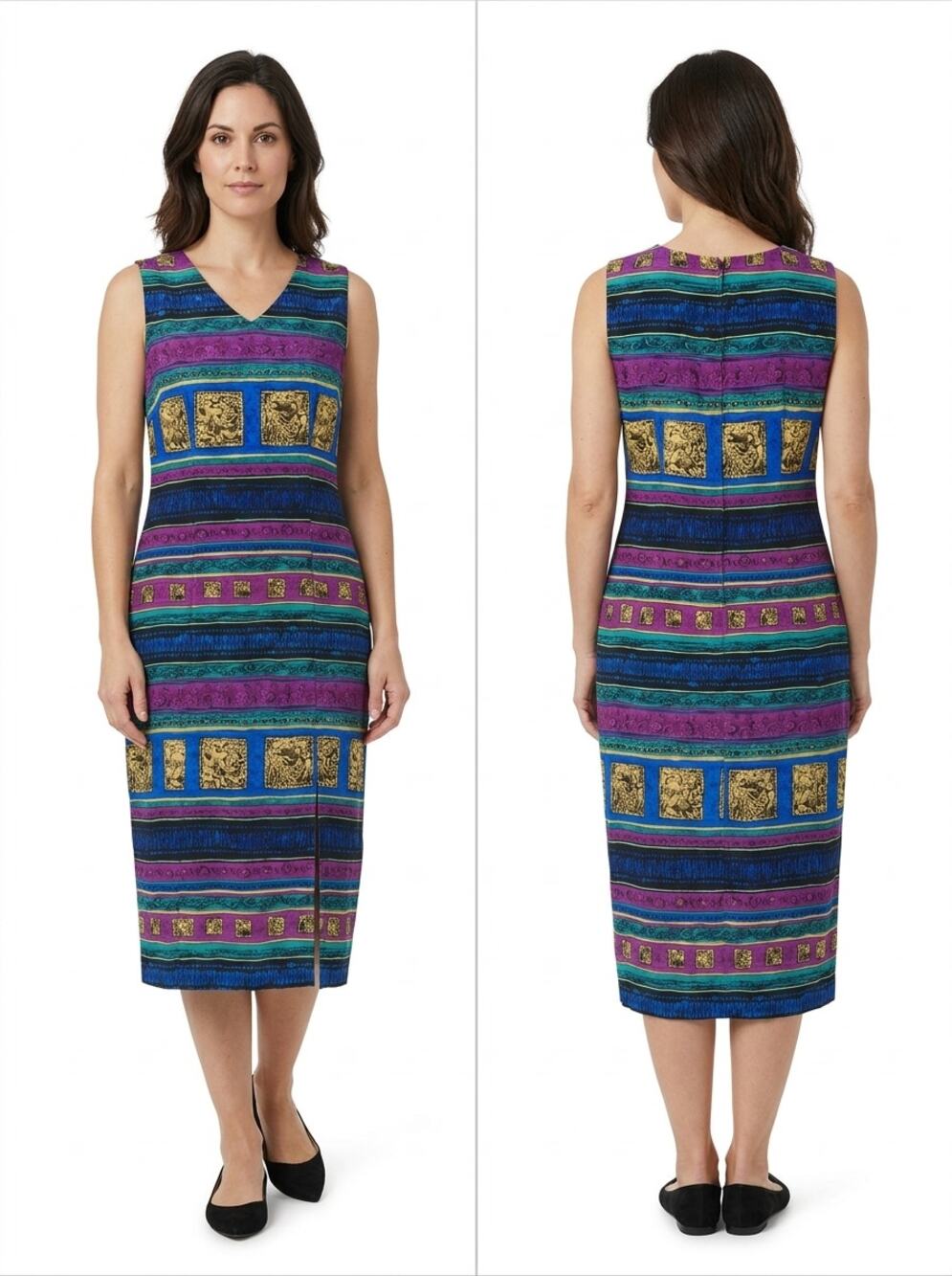 Vintage Sag Harbor Multicolor Geometric Striped Midi Dress Women Size 12P
